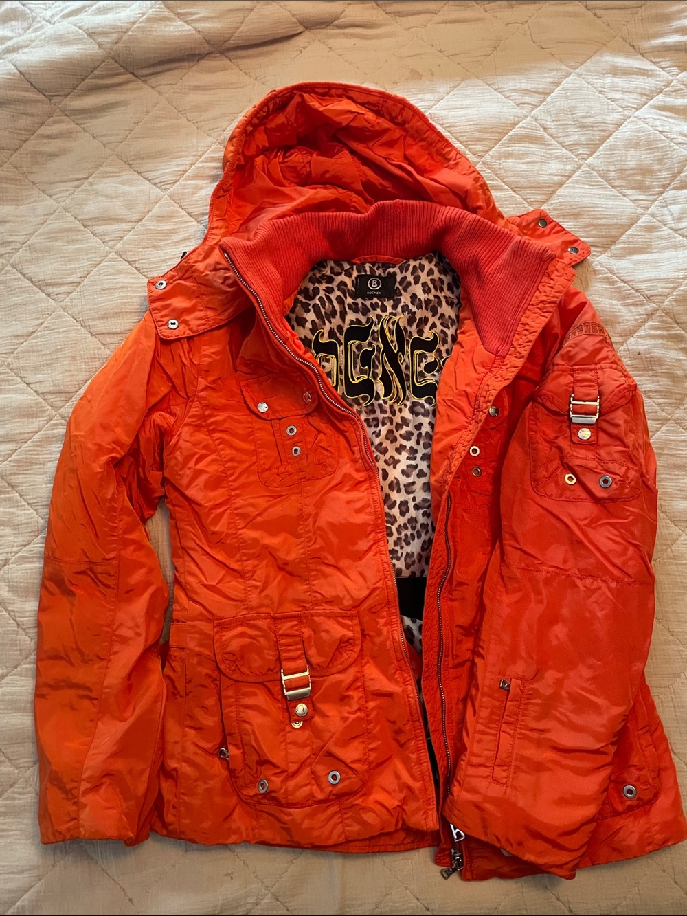 Bogner Women's Bright Orange Hooded Ski Jacket with Leopard Lining